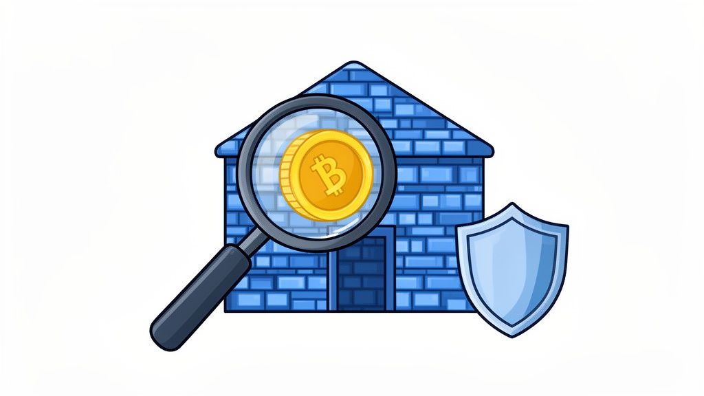 A blue brick house, magnifying glass showing Bitcoin, and a shield, symbolizing blockchain security.