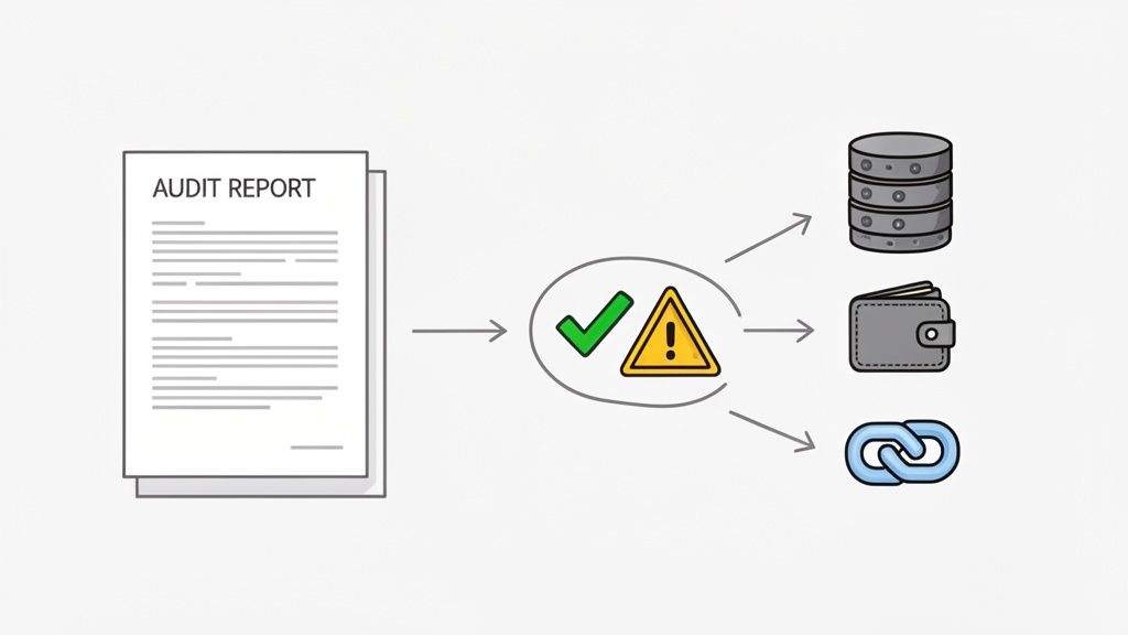 An audit report leads to a decision of approval or warning, impacting database, wallet, and blockchain systems.