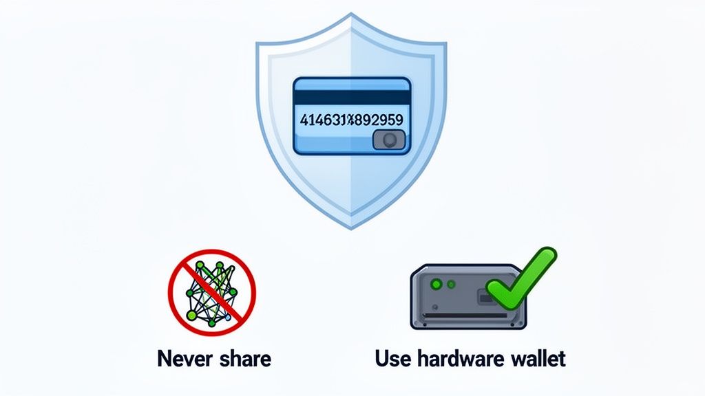 A shield protecting a credit card, advising to never share sensitive data and use a hardware wallet for crypto security.