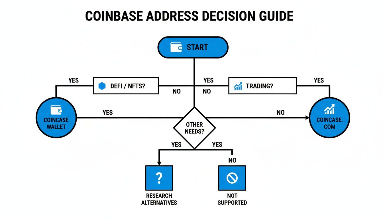Coinbase address decision guide flowchart showing paths for DeFi, NFTs, and trading.
