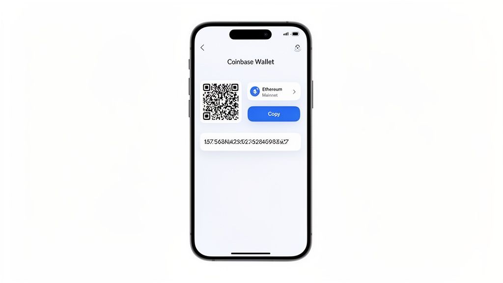 An iPhone displays the Coinbase Wallet app, showing a QR code and an Ethereum Mainnet address.