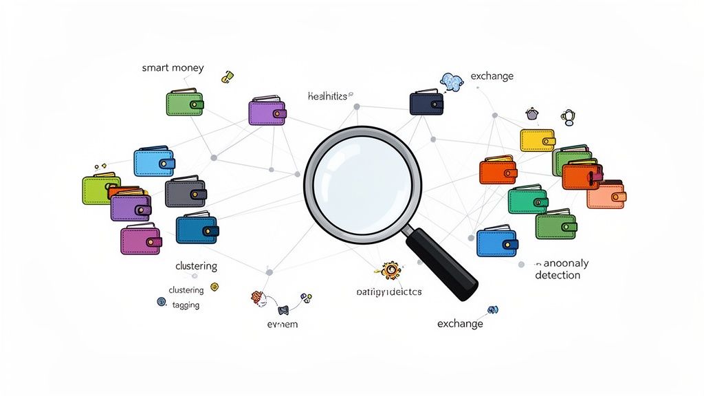 Magnifying glass over a network of colorful cryptocurrency wallets with various monitoring labels.