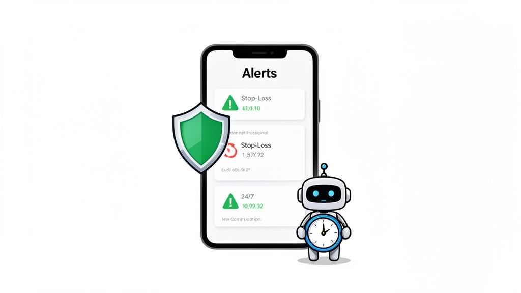 Mobile app with trading alerts, a security shield, and a robot mascot holding a clock for 24/7 monitoring.