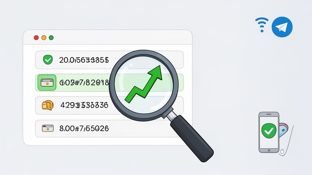 A magnifying glass shows an upward trend over digital financial data, with icons for Telegram, WiFi, and a smartphone location check.