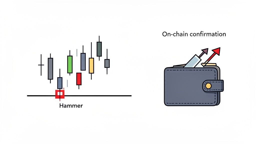 A candlestick chart displays a 'Hammer' pattern, alongside a wallet with rising arrows signifying on-chain confirmation.