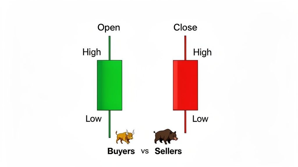 An image illustrating bullish and bearish candlestick charts with open, high, low, and close prices, representing buyers versus sellers.