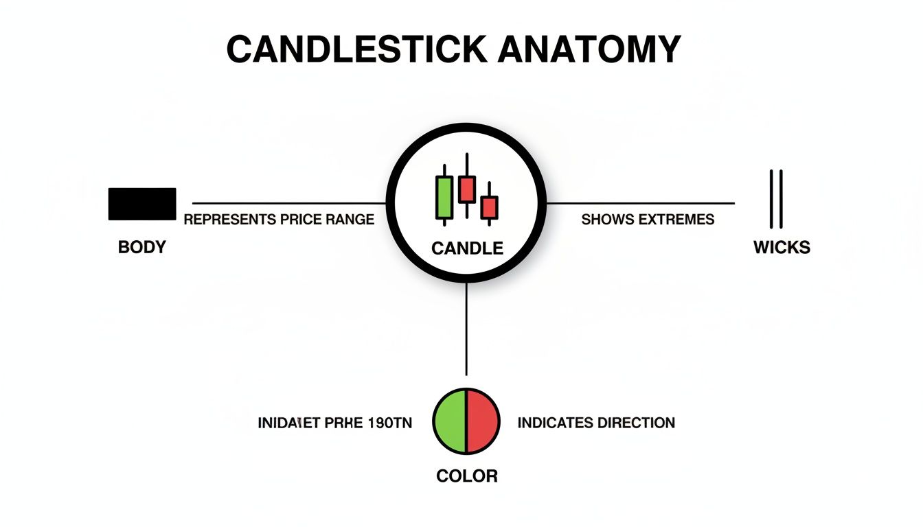 Anatomy of a candlestick chart showing body, wicks, and color, indicating price range and direction.
