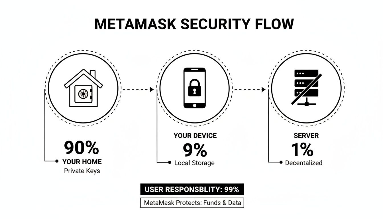 Diagram illustrating MetaMask security flow, showing 90% user responsibility for private keys and local storage.
