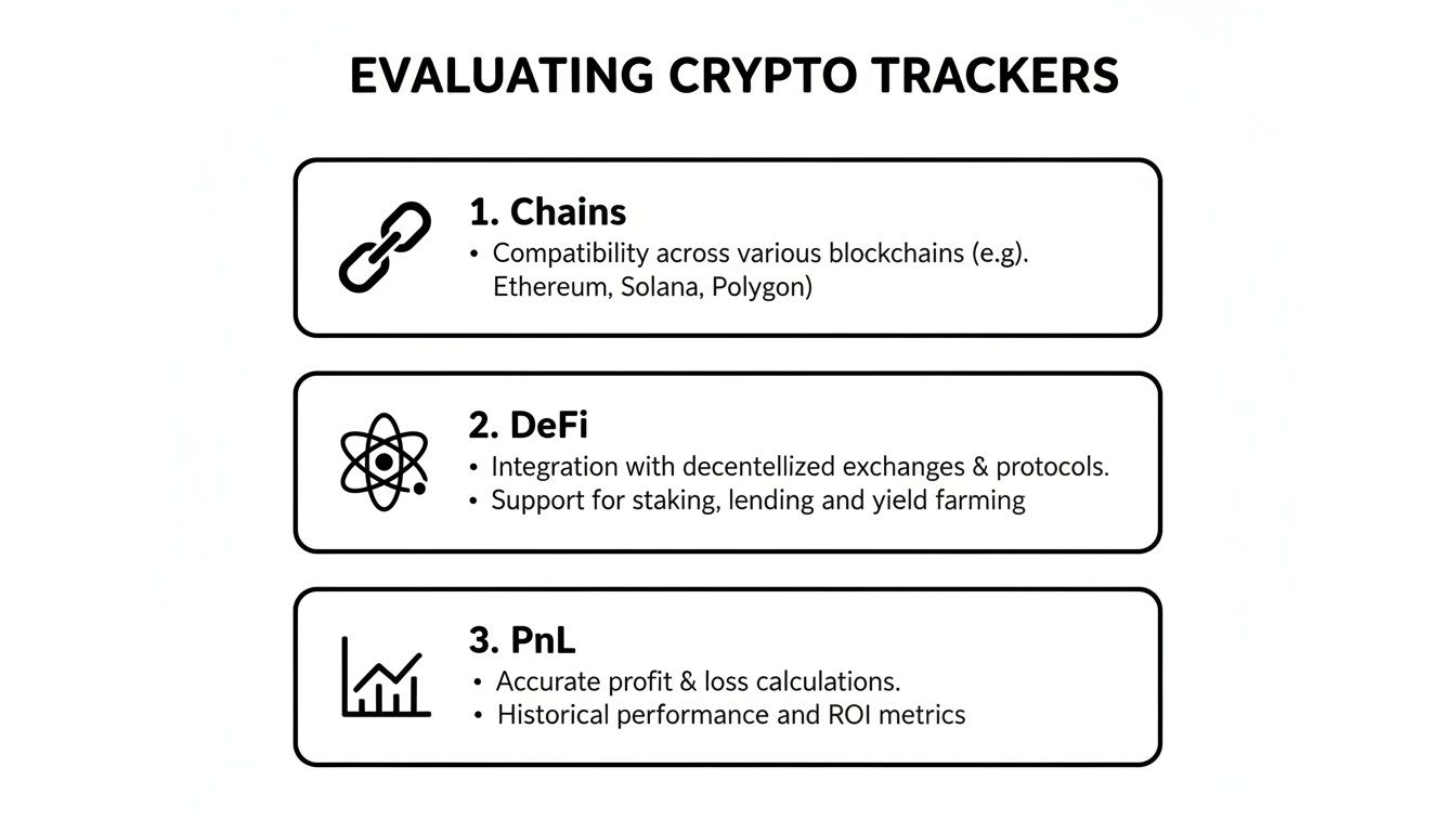 A diagram outlining three key criteria for evaluating crypto trackers: Chains, DeFi, and PnL.