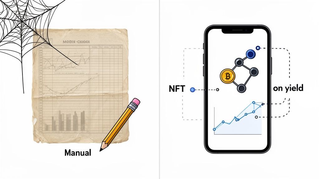 Image contrasting manual paper finance tracking with modern digital crypto and NFT investments.