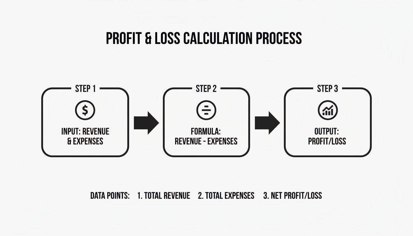 A diagram illustrates the three-step profit and loss calculation process with financial data.