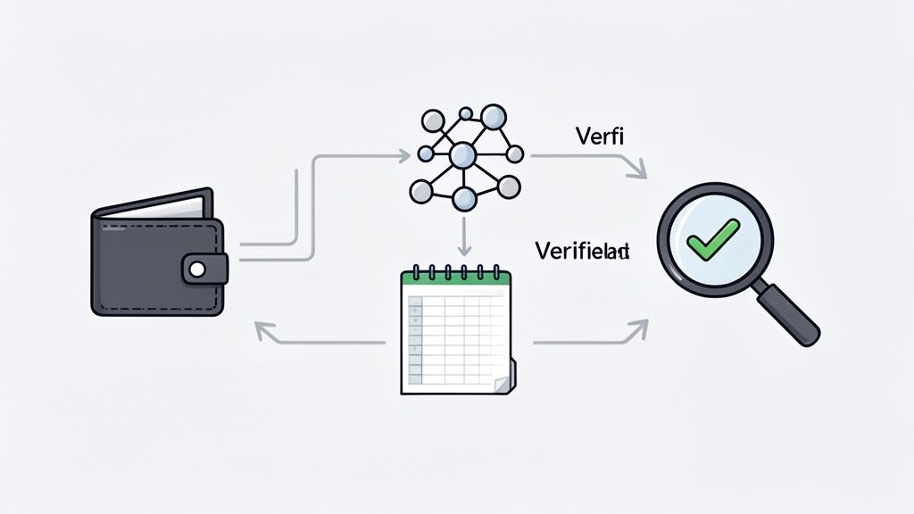 A diagram illustrates a financial verification process involving a wallet, a network, a spreadsheet, and a magnifying glass with a checkmark.