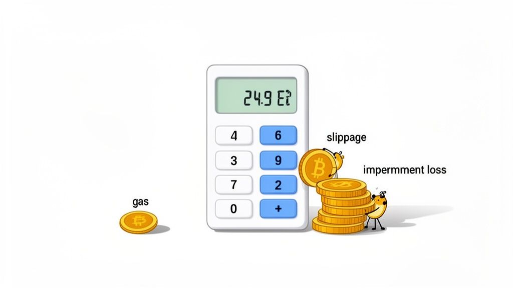 A calculator displaying '24.9 E?' next to gold coins labeled 'gas', 'slippage', and 'impermanent loss'.