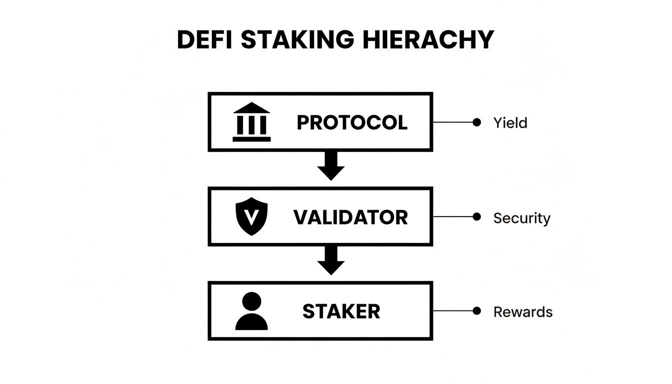 DeFi staking hierarchy diagram showing Protocol, Validator, and Staker roles with their benefits: Yield, Security, and Rewards.
