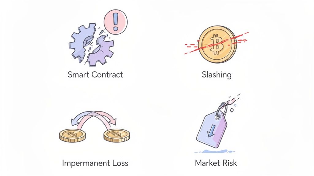 Illustrations depicting common risks in DeFi, including smart contract failures, slashing, impermanent loss, and market volatility.