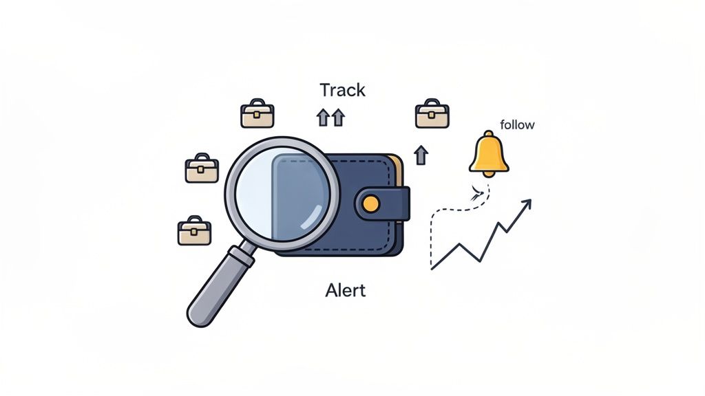 Illustration showing a magnifying glass, wallet, briefcases, alert bell, and a rising graph for tracking DeFi assets.
