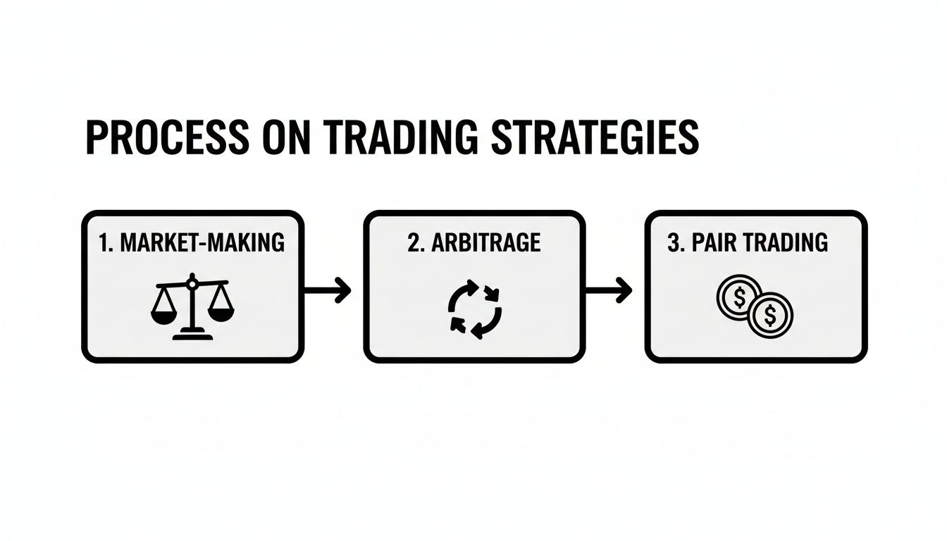 A flowchart illustrates the process of trading strategies: market-making, arbitrage, and pair trading.