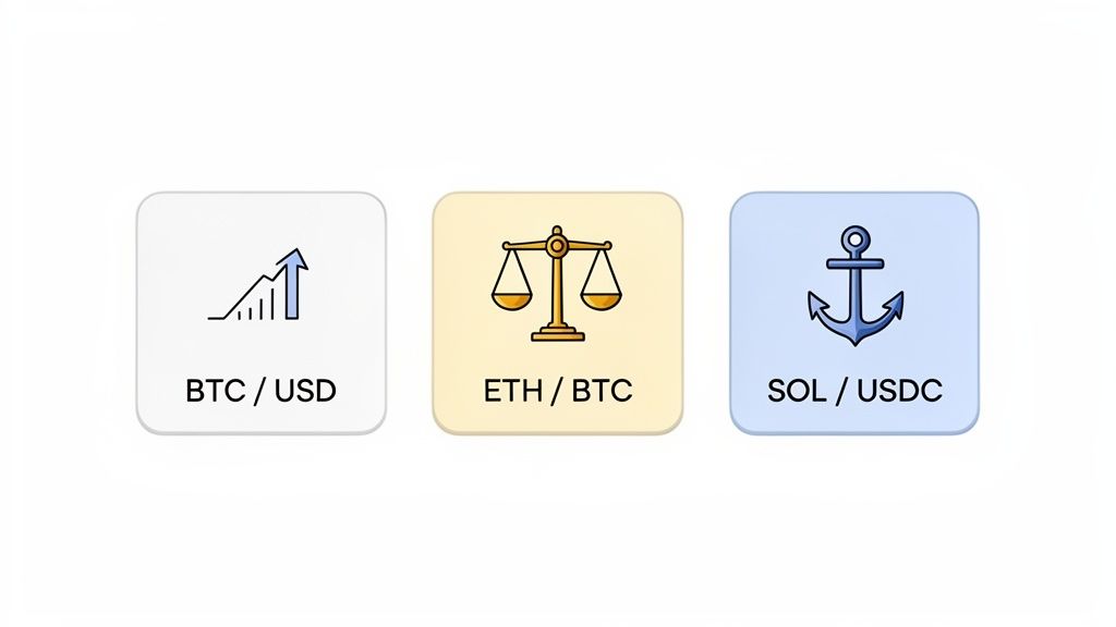 Three minimalist icons representing cryptocurrency trading pairs: BTC/USD, ETH/BTC, and SOL/USDC with corresponding symbols.