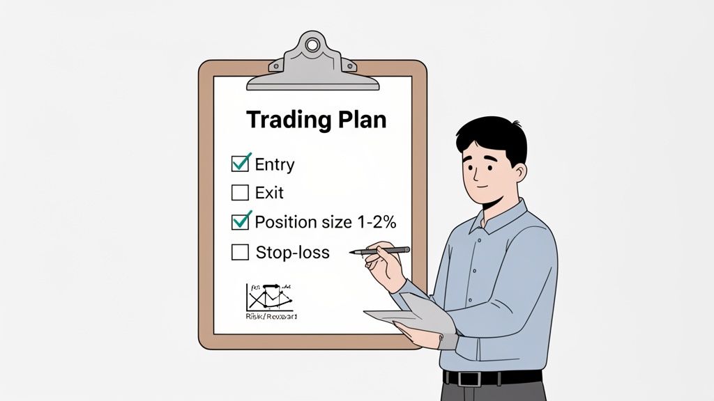A man reviews his trading plan checklist on a clipboard, marking 'Entry' and 'Position size'.