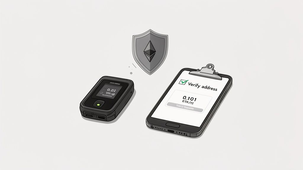 A hardware wallet and a smartphone screen display a secure Ethereum transaction verification.