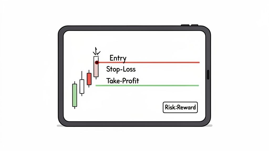 A tablet screen displays a candlestick chart detailing entry, stop-loss, and take-profit levels with a risk:reward ratio.