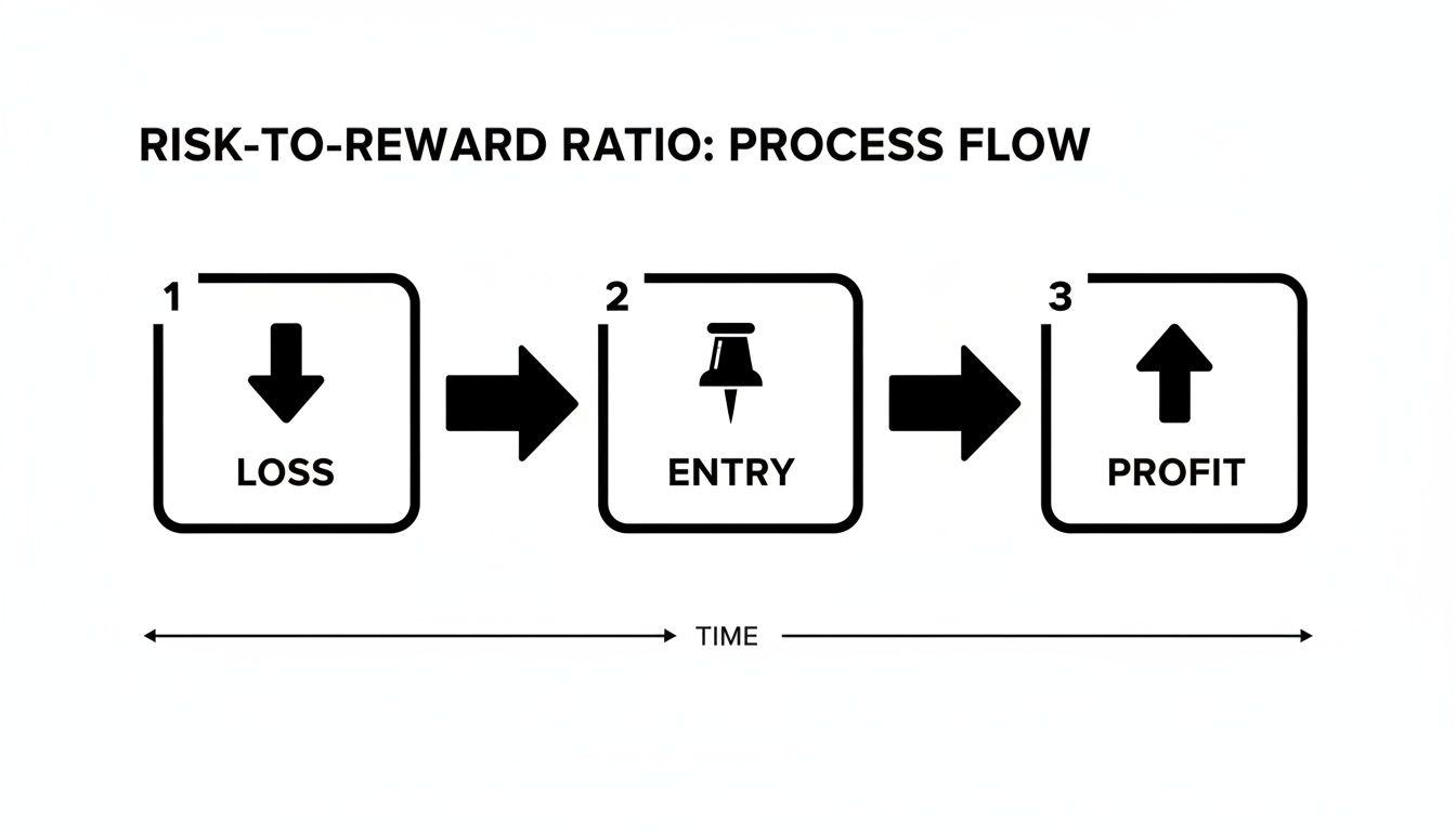 A diagram illustrating the risk-to-reward ratio process flow, showing steps from loss to entry to profit over time.