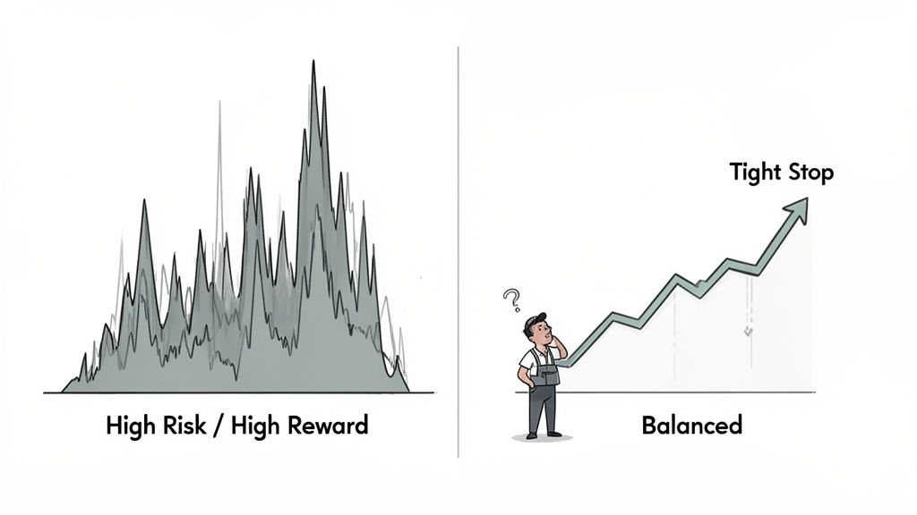 Two charts illustrating high risk/high reward volatility versus a balanced, upward investment strategy with a tight stop.