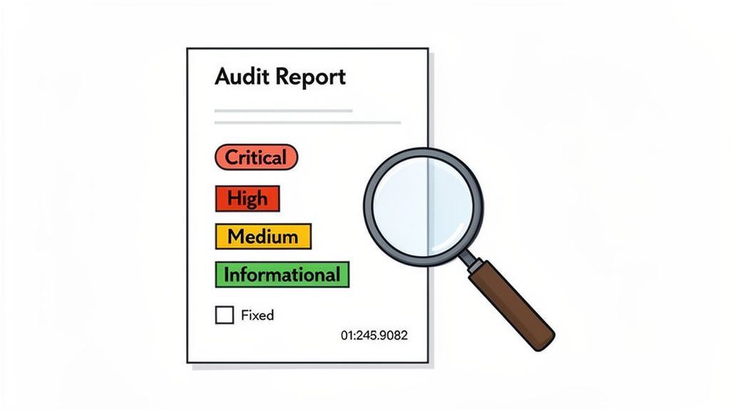 A magnifying glass examining an audit report document with critical, high, medium, and informational findings.