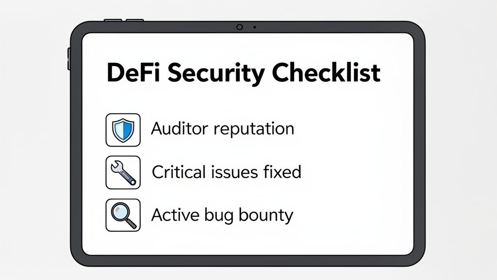 A tablet displays a DeFi Security Checklist, highlighting auditor reputation, critical issues, and bug bounty.