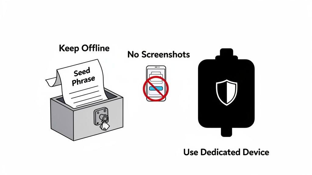 Visual guide outlining cryptocurrency wallet security practices: keep seed phrase offline, avoid screenshots, and use a dedicated device.