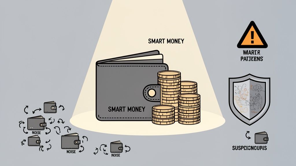 A graphic illustrating smart money in a large wallet, noisy transactions from smaller wallets, and a shield detecting suspicious patterns.