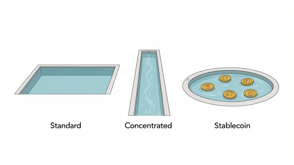 Illustration showing three types of cryptocurrency liquidity pools: Standard, Concentrated, and Stablecoin with floating coins.