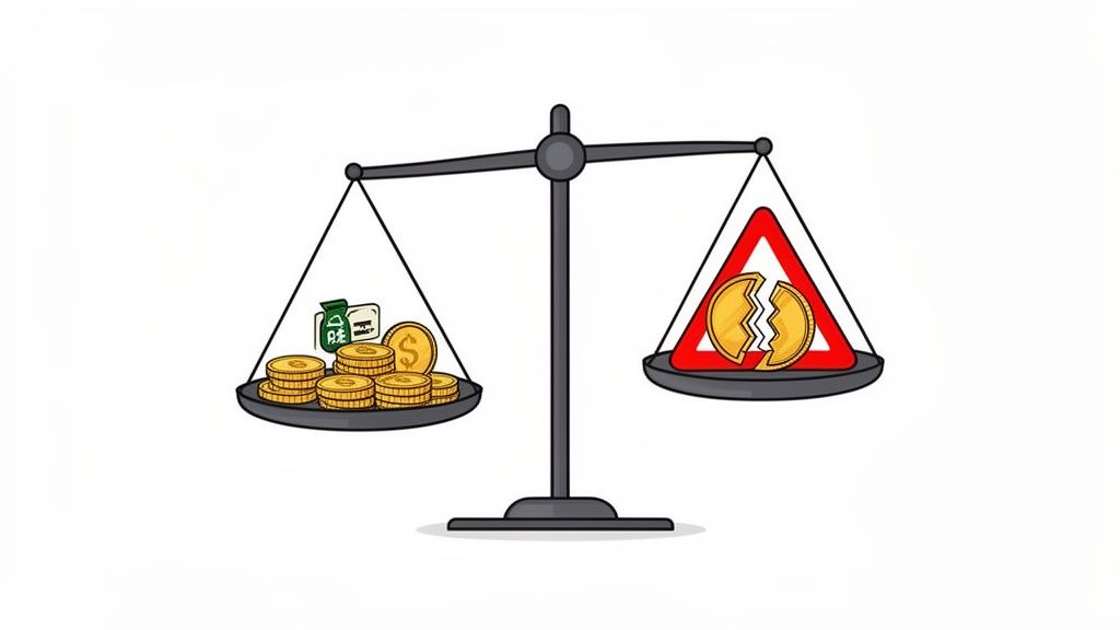 A scale balances cash and coins on one side with a broken coin inside a warning sign, symbolizing risk.