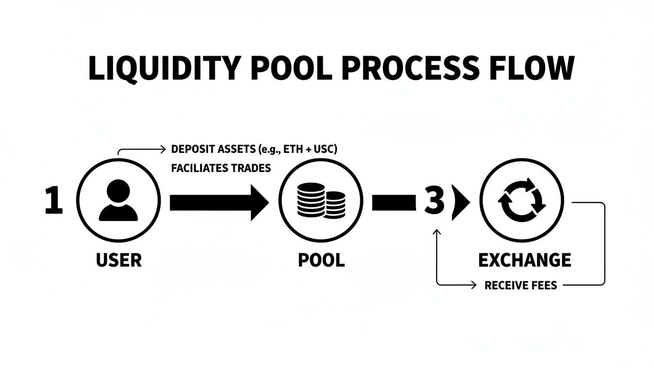 A diagram illustrating the liquidity pool process flow in cryptocurrency, showing user, pool, and exchange interactions.