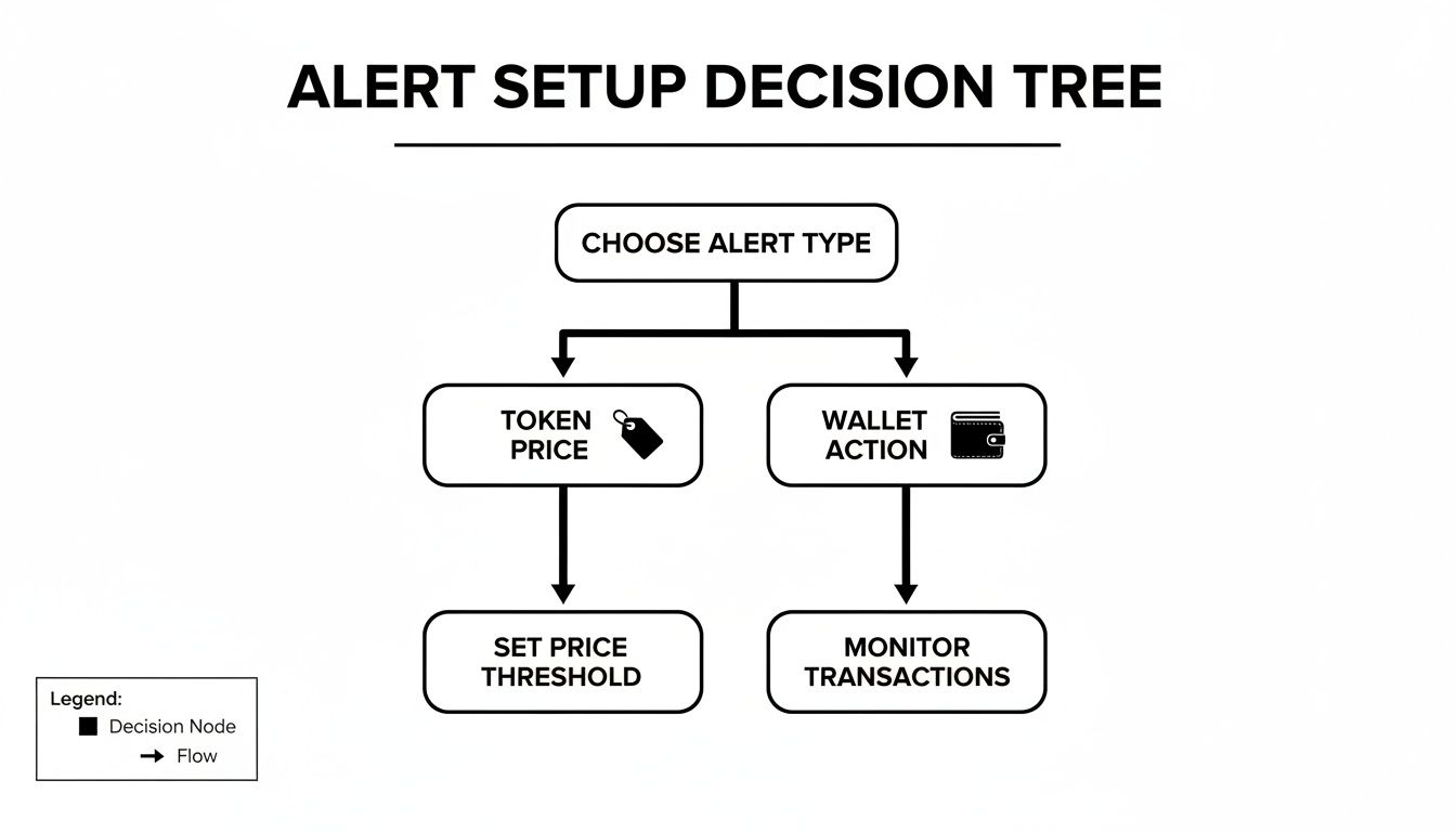 A decision tree diagram for setting up crypto alerts, detailing options for token price and wallet actions.
