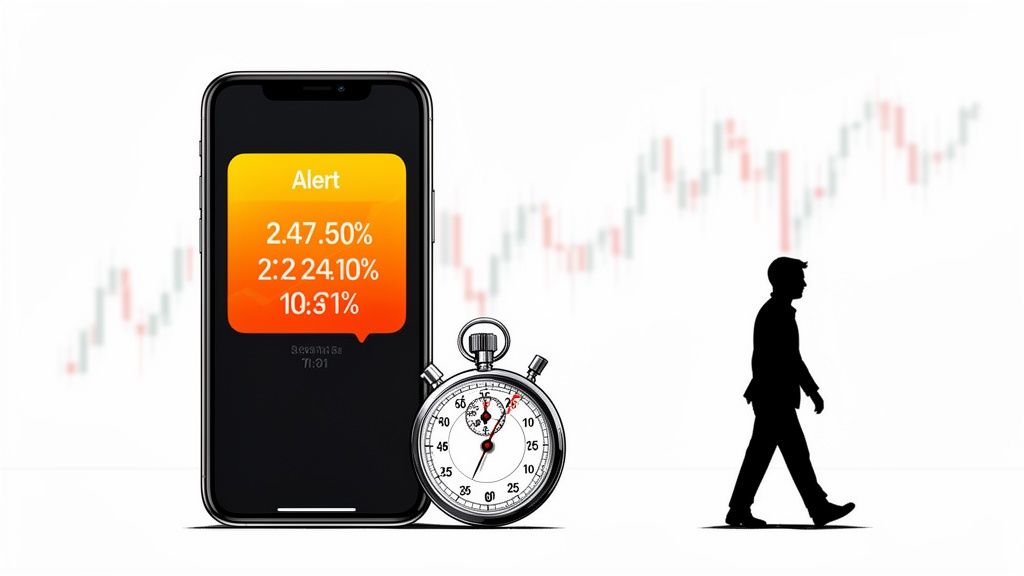 A smartphone shows a crypto price alert, next to a stopwatch and a man walking, with a stock chart background.