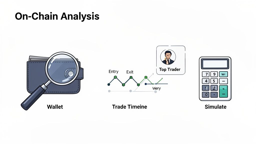 An illustration showing on-chain analysis concepts, including a wallet with a magnifying glass, a trade timeline graph with entry/exit points and a top trader icon, and a calculator for simulation.
