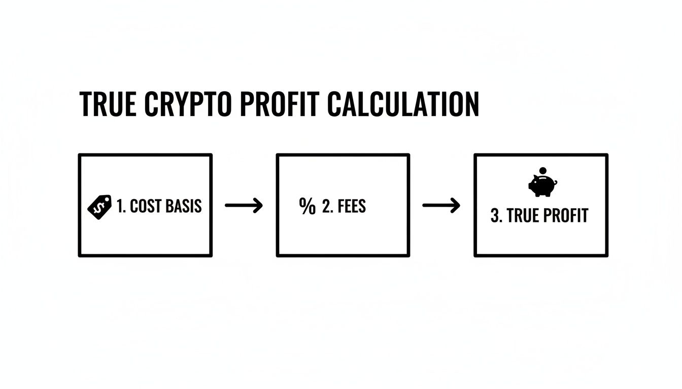 A flowchart explaining true crypto profit calculation steps: cost basis, fees, and resulting true profit.