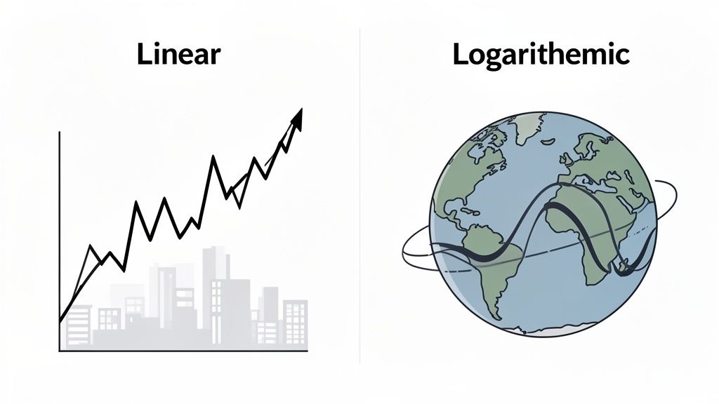 A split image contrasting linear and logarithmic concepts, showing a rising line graph and a globe with a wavy path.