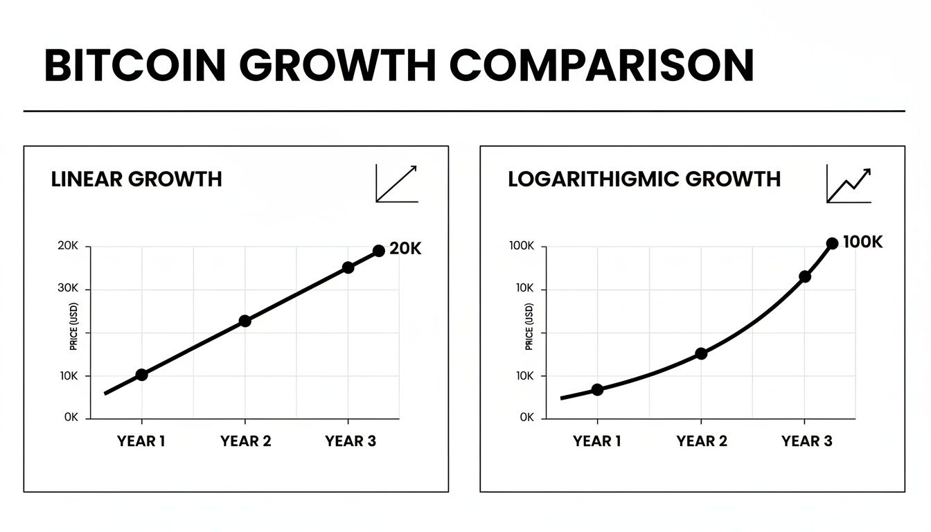 Two charts illustrating Bitcoin's price progression: linear and logarithmic growth over three years.