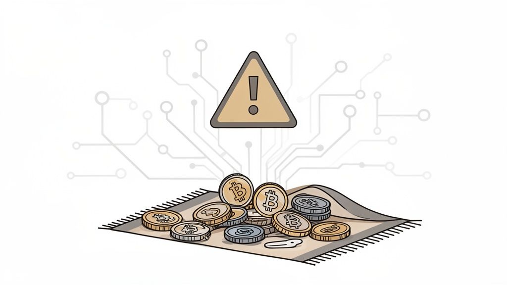 A warning sign hovers above a pile of Bitcoin and other crypto coins on a rug, symbolizing a cryptocurrency rug pull.