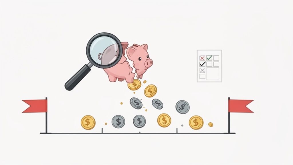 A magnifying glass inspects a broken piggy bank with coins falling onto a timeline, alongside a checklist.