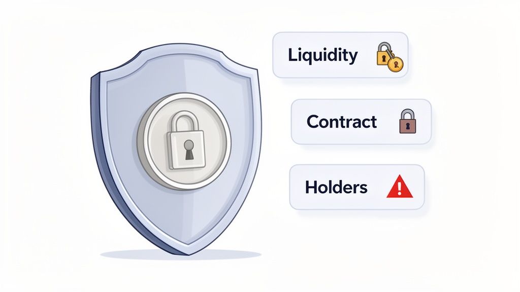 A shield with a padlock icon illustrates a crypto rug pull checker, evaluating liquidity, contract, and holders.