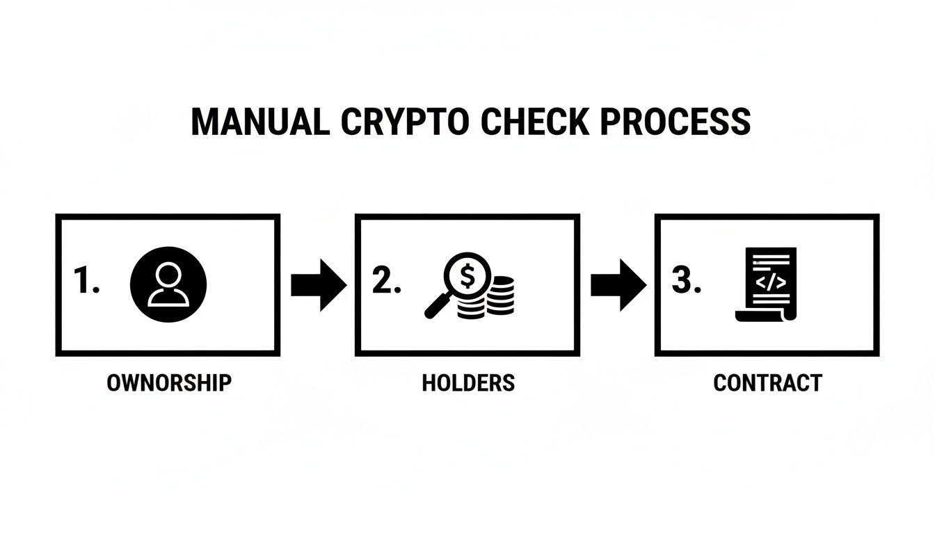 Flowchart detailing a manual crypto check process with steps for ownership, holders, and contract analysis.