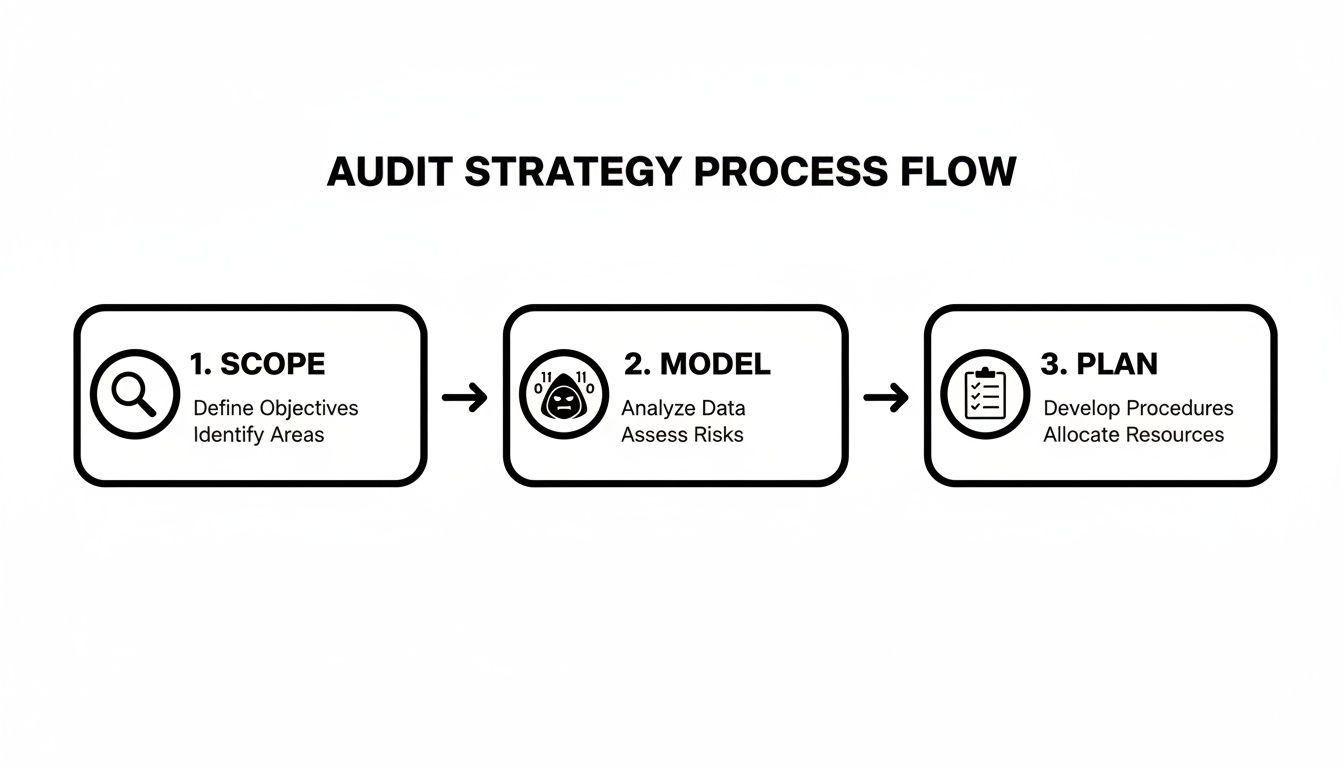 Flowchart showing the three-step audit strategy process: scope, model, and plan, with key actions for each.