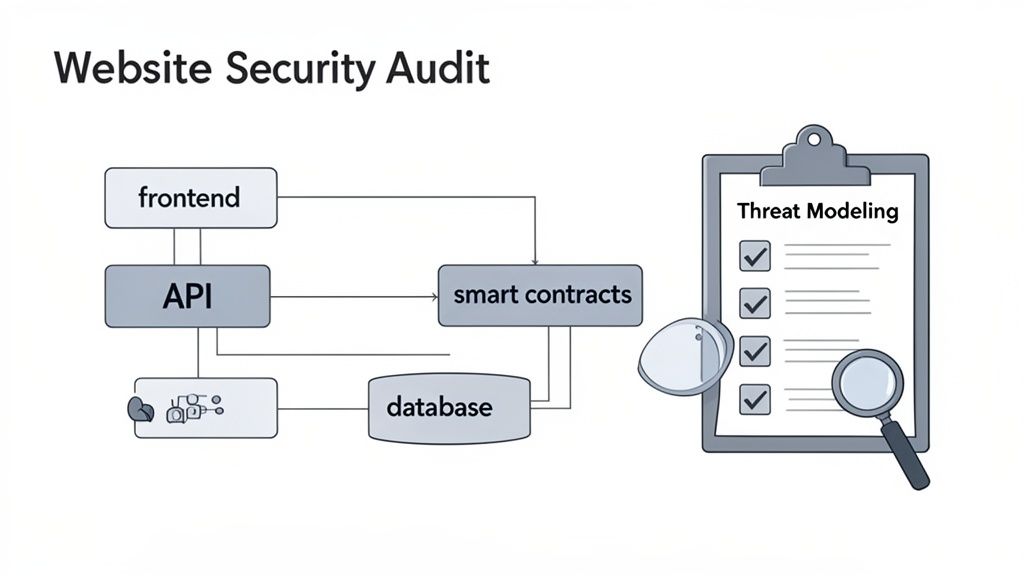 Diagram illustrating a website security audit process, showing frontend, API, smart contracts, database, and threat modeling.
