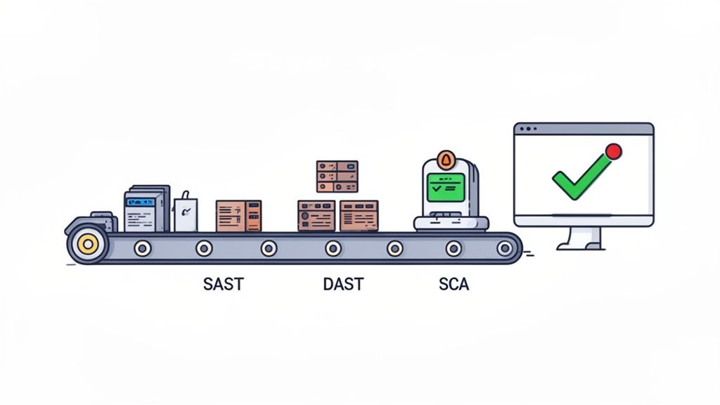 A conveyor belt illustrating SAST, DAST, and SCA security audits, ending with a successful checkmark on a monitor.