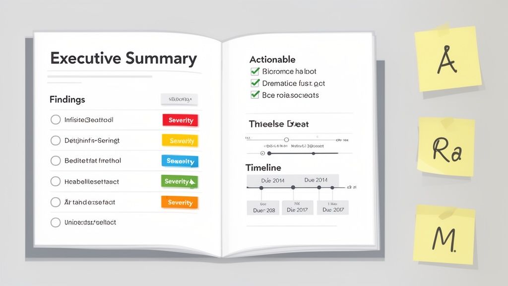 An open book displaying an executive summary report with findings, actionable items, and a timeline section, next to yellow sticky notes.