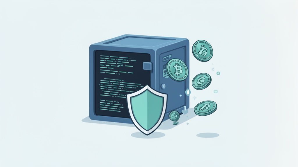 Illustration of cybersecurity protecting digital assets, featuring a server, shield, and crypto.