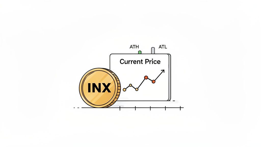 Illustration of an INX token coin next to a price chart displaying current price, All-Time High, and All-Time Low.